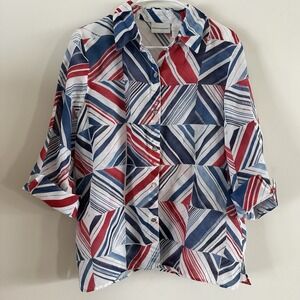 Alfred Dunner Women's Long Sleeve Button Up Shirt Print 14 Red Blue Patriotic